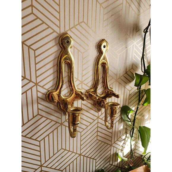 Vintage Pair Gold Brass Sconces Wall Hanging Candle Holder 11” With Plate Holder - Picture 3 of 12